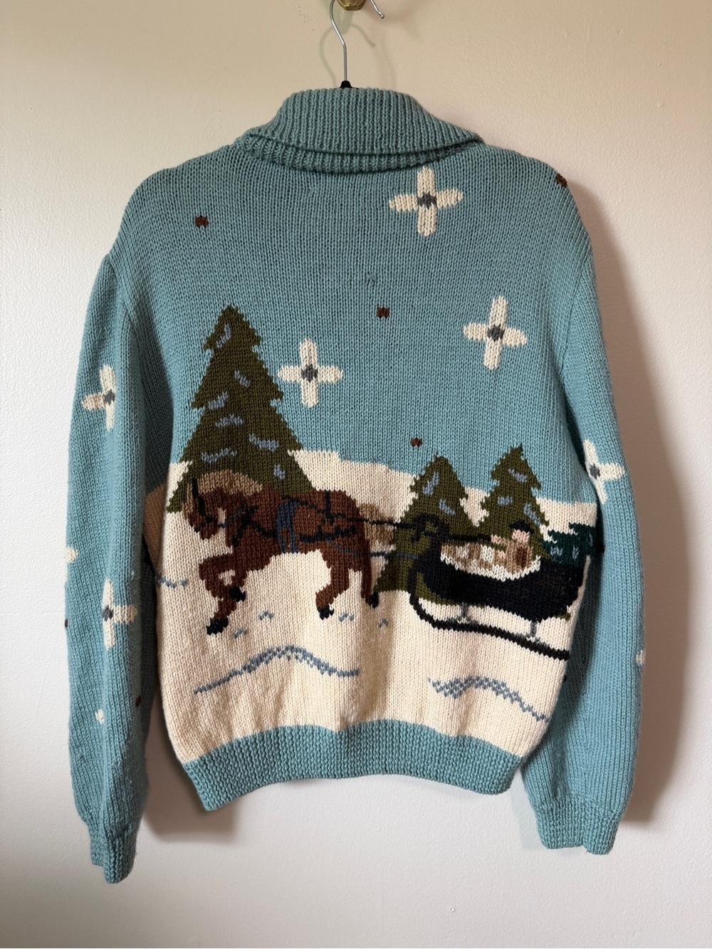 vintage 100% wool handknit winter horse drawn carriage sleigh snow cardigan sz M